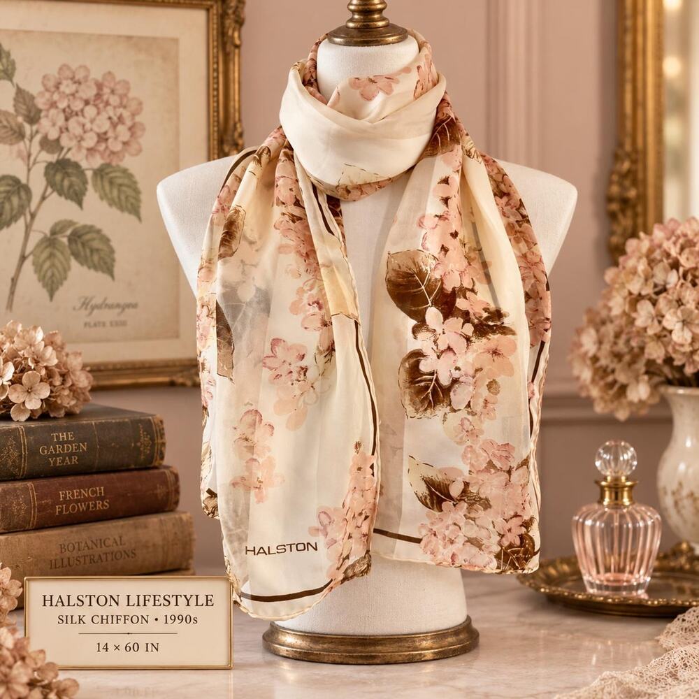 Vintage Halston Lifestyle 1990s Silk Chiffon Floral Scarf 14x60